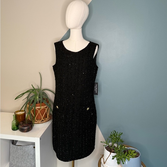 Isaac Mizrahi New York Black Sequin Tweed Sheath Dress Gold Buttons Size M - Picture 2 of 14